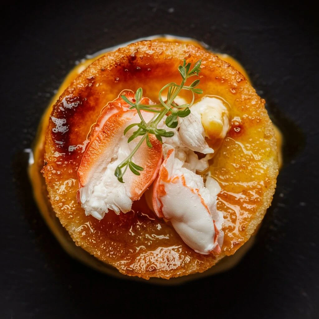 Close-up of a golden-brown crème brûlée topped with delicate pieces of crab meat and garnished with fresh thyme.