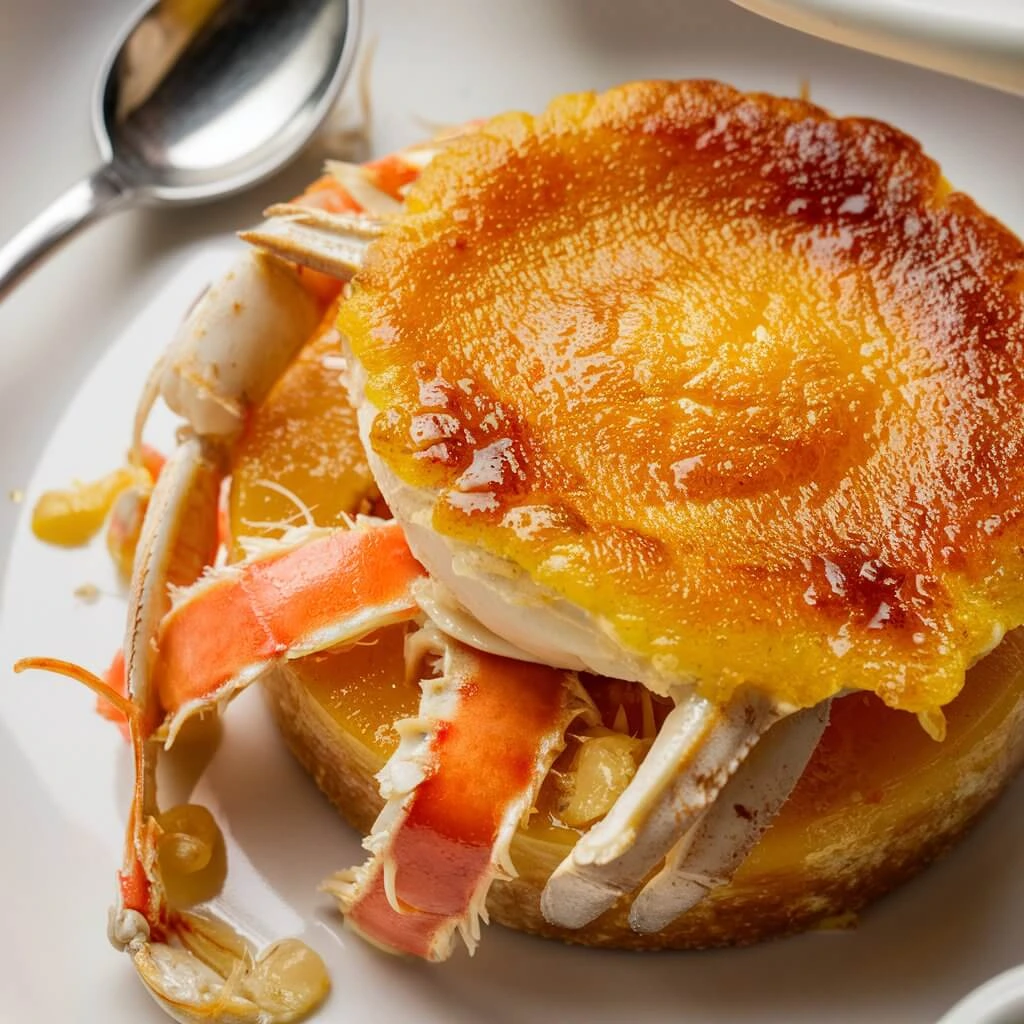 A golden-brown crab crème brûlée with a caramelized top, surrounded by crab claws and served with a spoon on the side.
