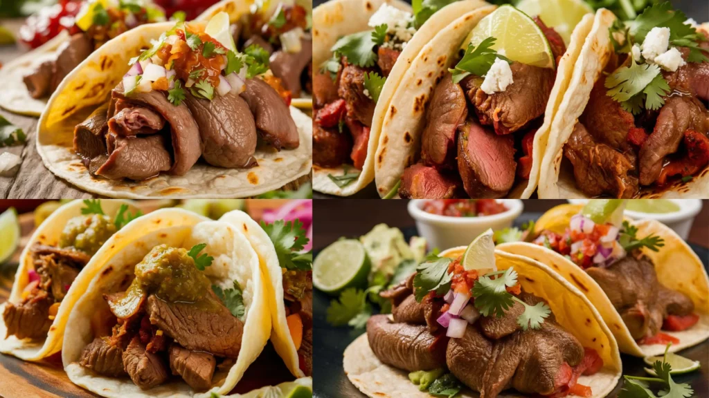 Beef heart tacos with tender slices of beef heart, fresh cilantro, diced onions, and lime wedges on warm corn tortillas.