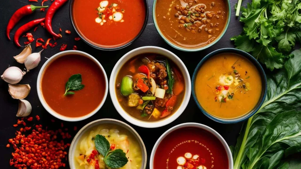 An assortment of colorful soups in bowls, surrounded by fresh ingredients like chili peppers, garlic, and leafy greens.