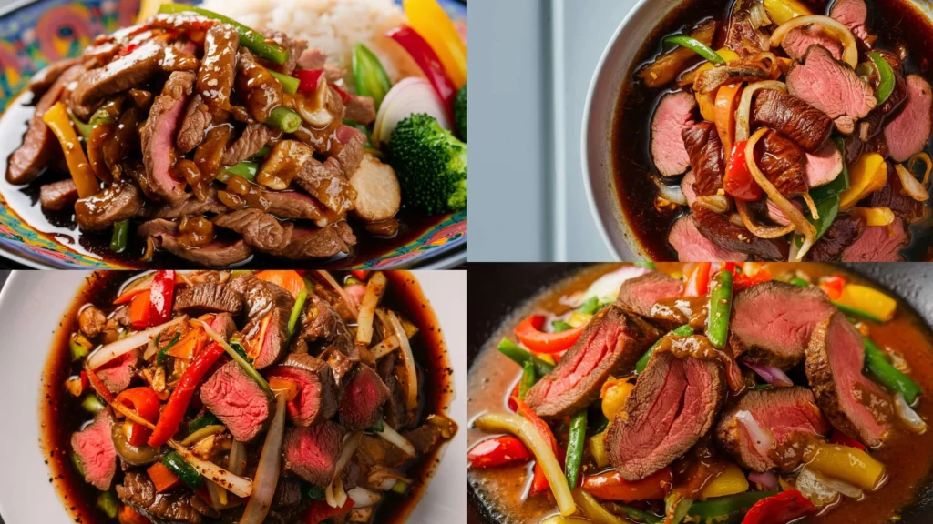 A vibrant beef heart stir-fry with colorful vegetables served on a white plate and garnished with sesame seeds.