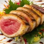 Sliced seared ahi tuna served on a bed of colorful greens and garnished with a drizzle of balsamic glaze