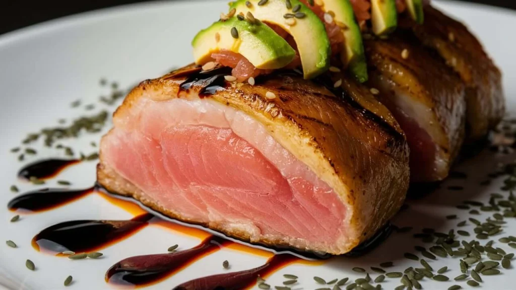 Close-up of seared ahi tuna topped with sliced avocado, sesame seeds, and a drizzle of balsamic glaze.