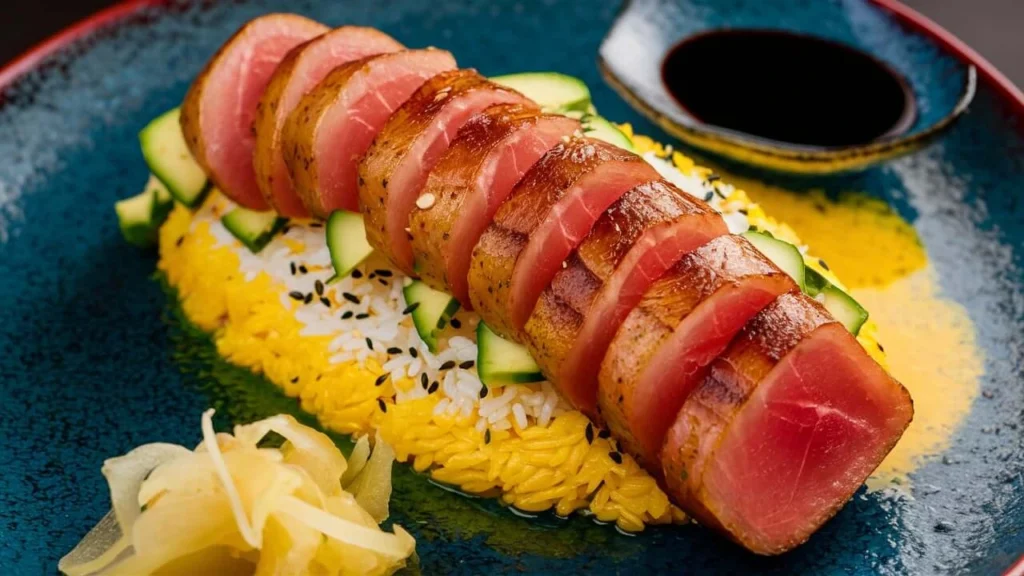 Perfectly seared ahi tuna slices arranged on a plate, paired with fresh greens and drizzled with balsamic glaze.