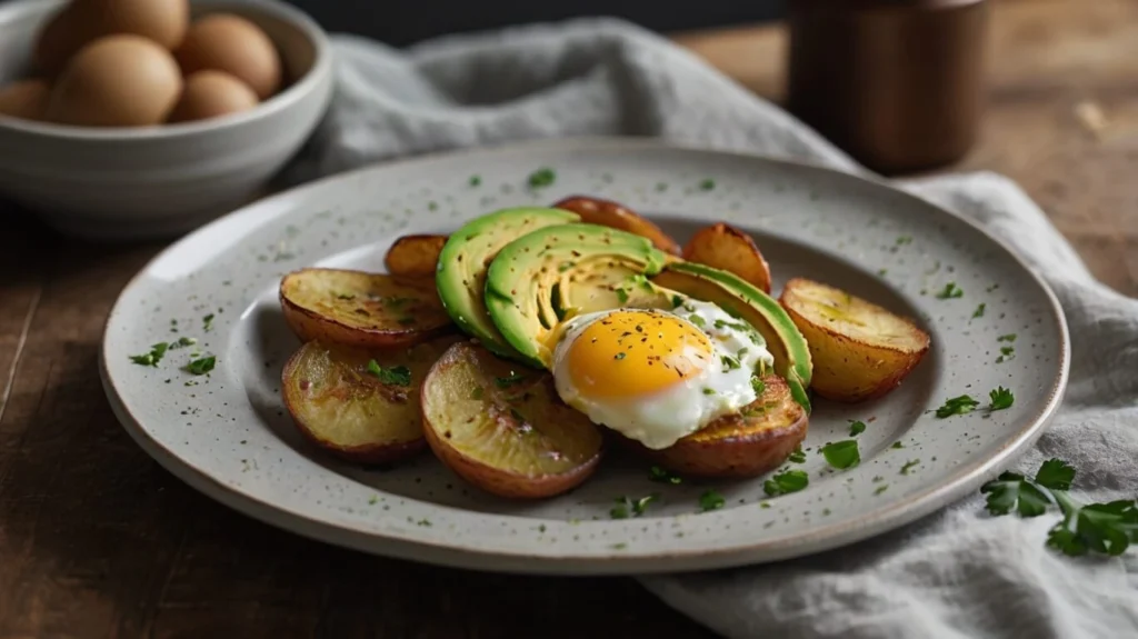 Golden-brown Air Fryer Breakfast Potatoes served with herbs and seasonings on a plate.