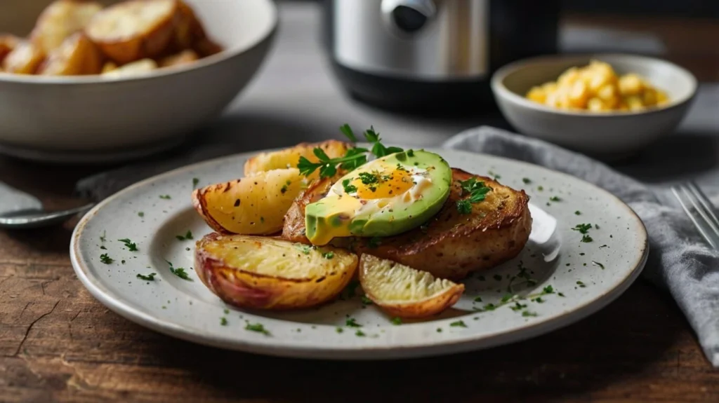 Crispy Air Fryer Breakfast Potatoes with a golden-brown finish, garnished with fresh herbs and served on a plate.