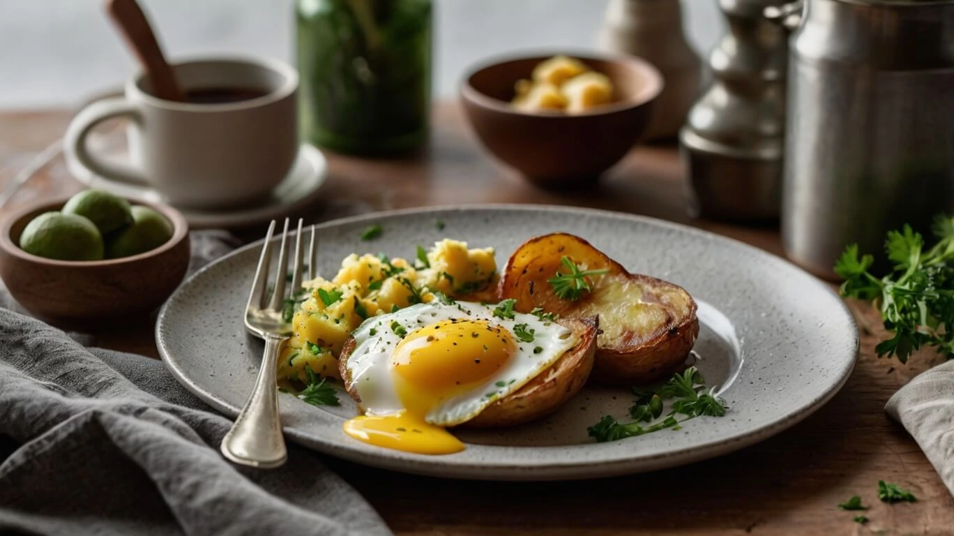 Crispy and golden Air Fryer Breakfast Potatoes served on a plate with herbs and seasonings.