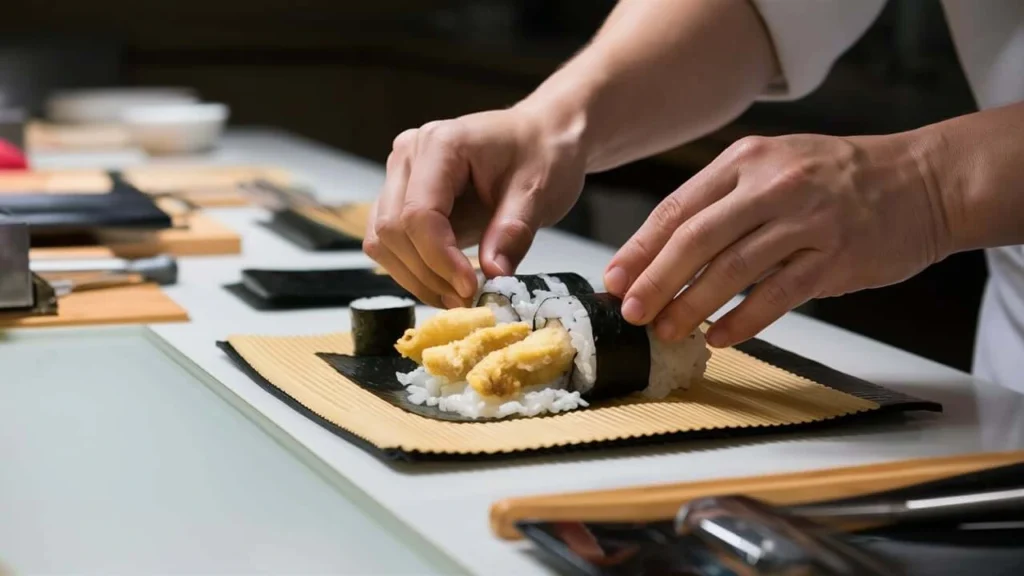 Assembling Chicken Tempura Roll on Sushi Mat