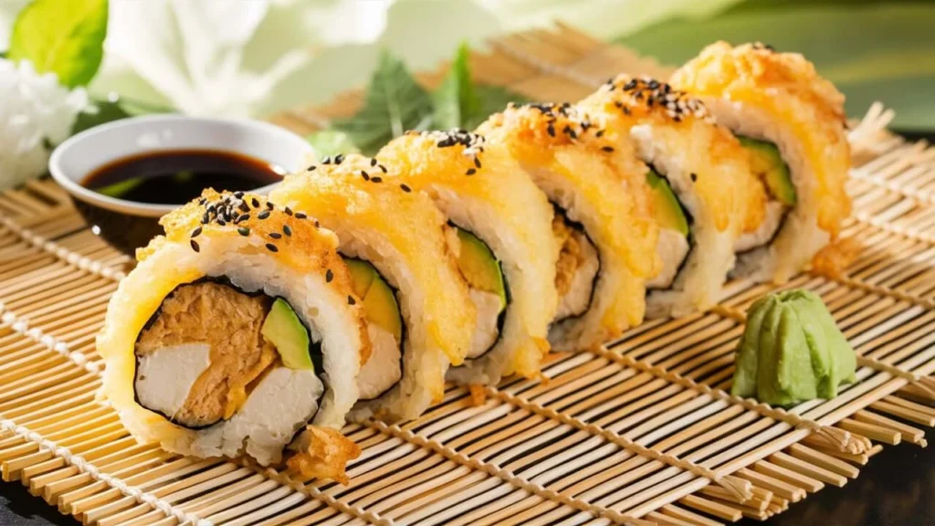 Chicken Tempura Rolls Plated with Avocado and Sesame