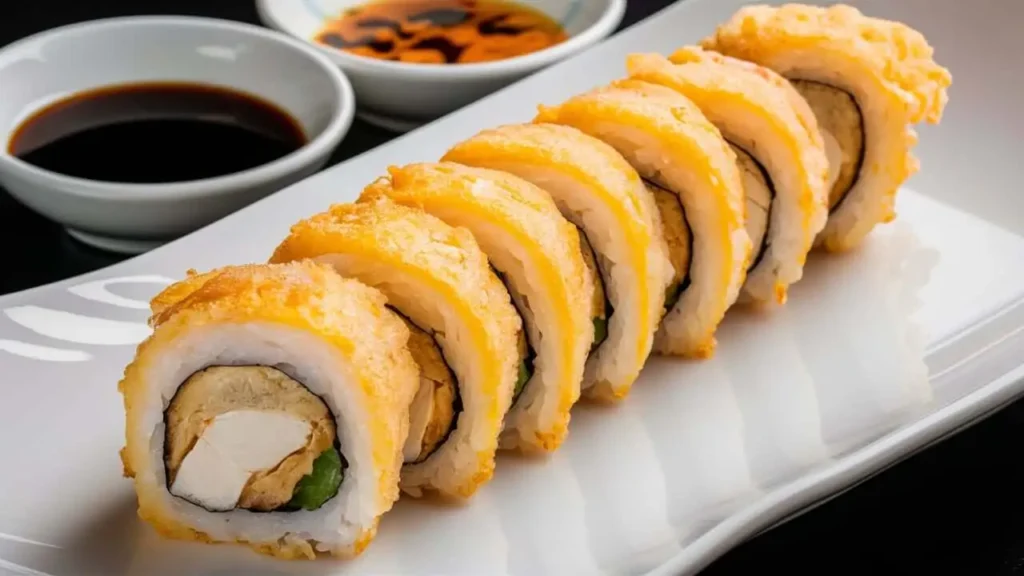 Perfectly Cut Chicken Tempura Roll with Dipping Sauces