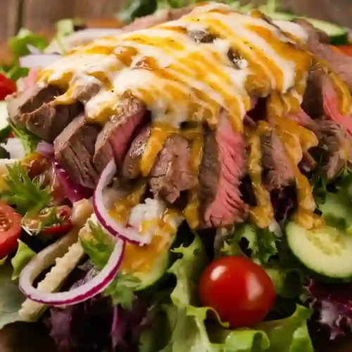Top-down view of an easy steak salad: sliced medium-rare steak over mixed greens with cherry tomatoes, avocado chunks, and dressing drizzle.