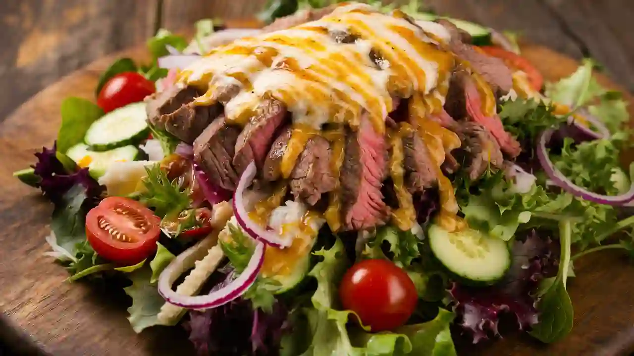 Top-down view of an easy steak salad: sliced medium-rare steak over mixed greens with cherry tomatoes, avocado chunks, and dressing drizzle.
