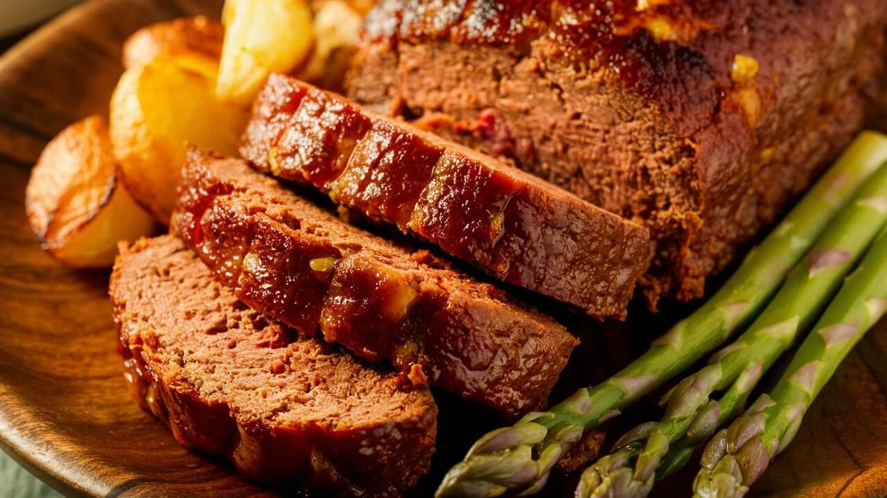 Delicious meatloaf with a golden-brown glaze, sliced and served with a side of mashed potatoes.