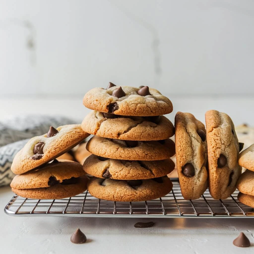 Stack of delicious homemade chocolate chip cookies with a soft, chewy texture