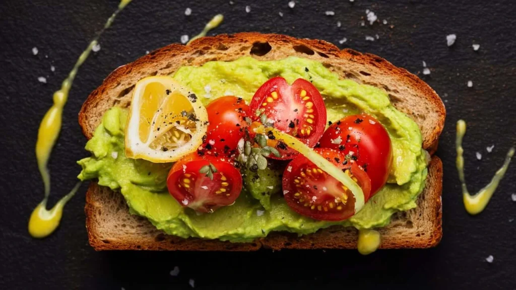  A close-up of vegan avocado toast topped with cherry tomato halves, lemon slices, and garnished with seeds, herbs, and a drizzle of yellow sauce on a dark background.