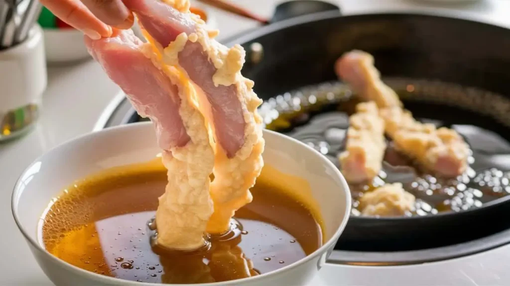 Dipping Chicken Strips in Tempura Batter for Frying