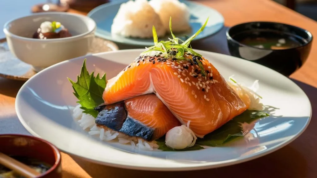 Beautifully plated salmon kama garnished with sesame seeds and fresh herbs, served with steamed rice and miso 