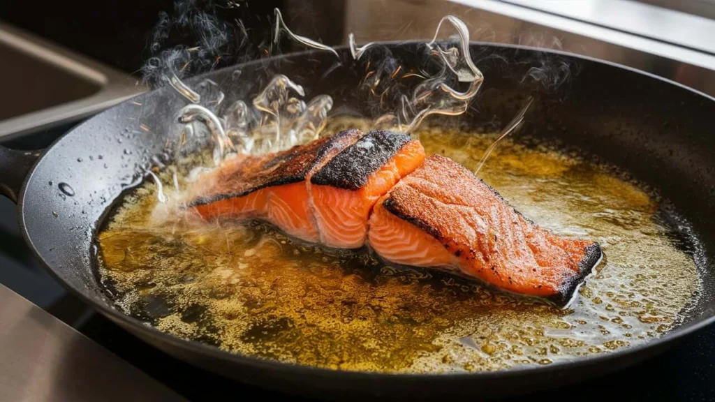 Salmon kama pan-frying in a hot skillet with a golden crust, sizzling oil, and crispy edges in a well-lit kitchen setting.