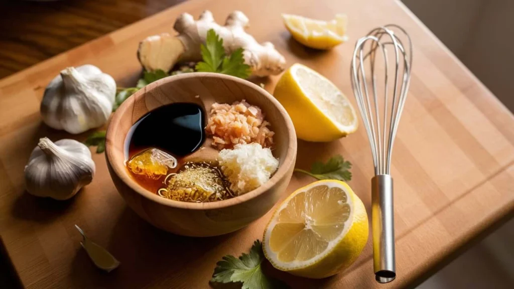 Ingredients for salmon kama marinade in a bowl, surrounded by fresh garlic, ginger root, and a lemon half on a wooden countertop.