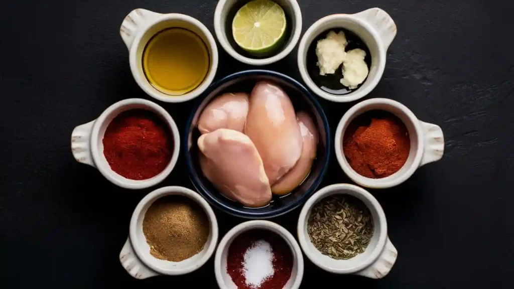 Fresh ingredients for San Antonio Grilled Mexican Chicken Marinade displayed on a wooden board, including lime, garlic, chili powder, olive oil, and spices.