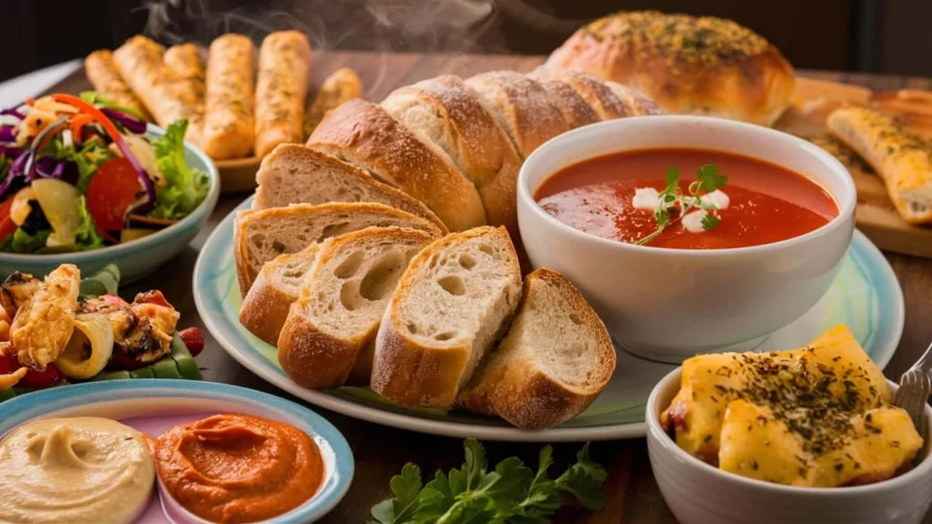 Greek Yogurt Garlic Bread served with tomato soup, fresh salad, hummus, tzatziki, garlic breadsticks, and a loaf topped with oregano.