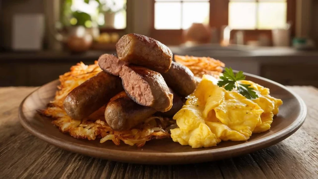 Beef Breakfast Sausage links served with scrambled eggs, golden-brown hashbrowns, and a sprinkle of parsley on a wooden plate.