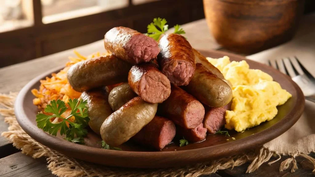 Close-up of Beef Breakfast Sausage links served with scrambled eggs and crispy hashbrowns on a rustic plate.