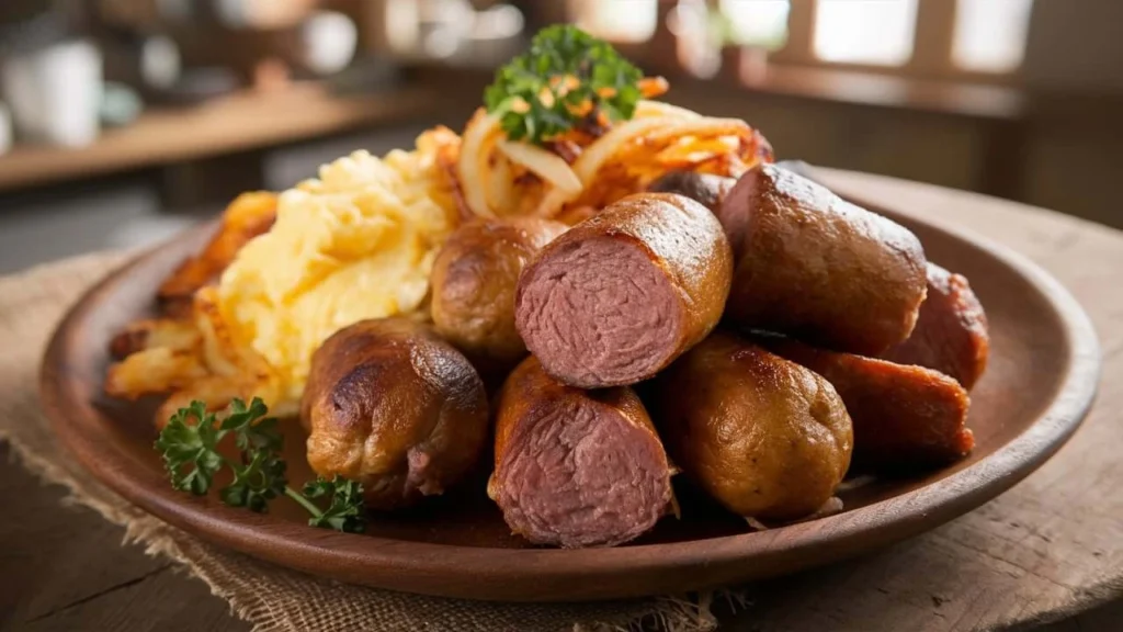 Delicious Beef Breakfast Sausage Plate with Scrambled Eggs & Hashbrowns