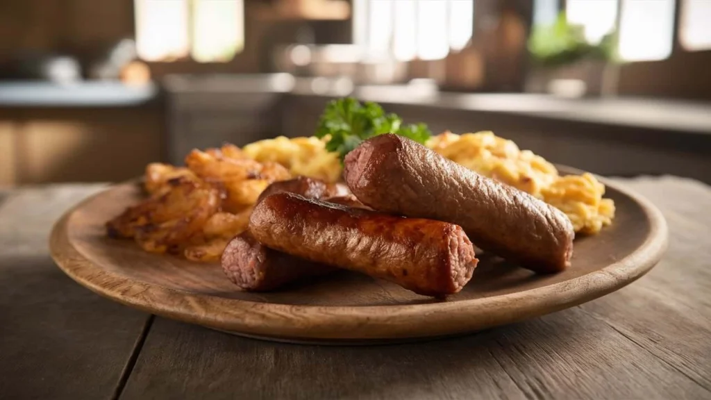 Beef Breakfast Sausage links on a plate with scrambled eggs, golden hashbrowns, and fresh herbs.