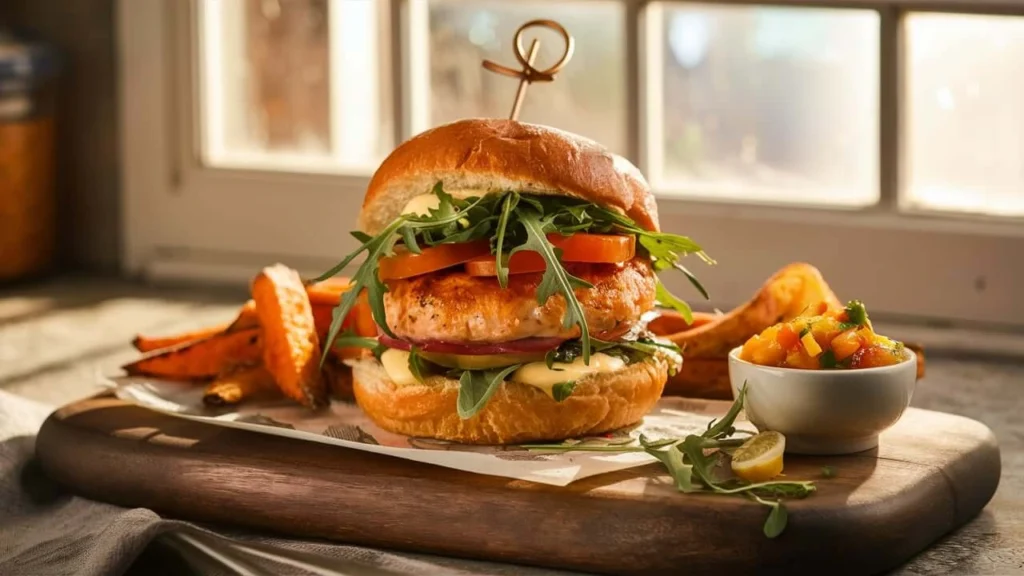 Close-up of a Trident Salmon Burger with Arugula and Mango Salsa