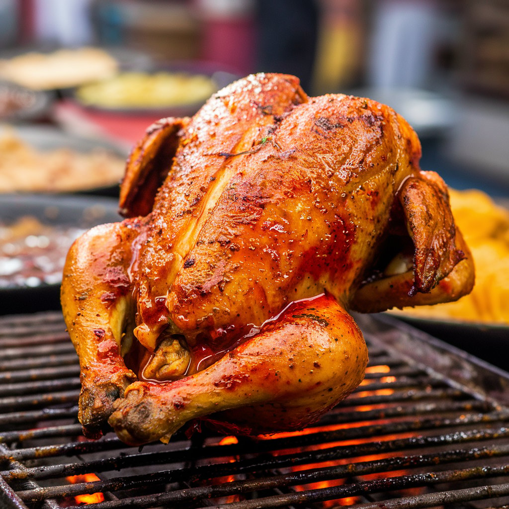 A perfectly grilled whole chicken with golden, crispy skin, coated in a flavorful Mexican marinade, sitting on a grill with glowing embers underneath.