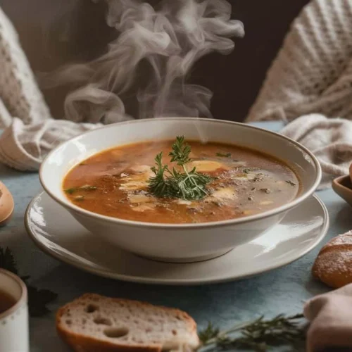 A steaming bowl of vegetable soup garnished with fresh herbs, served alongside crusty bread and a cup of tea on a cozy, textured background.