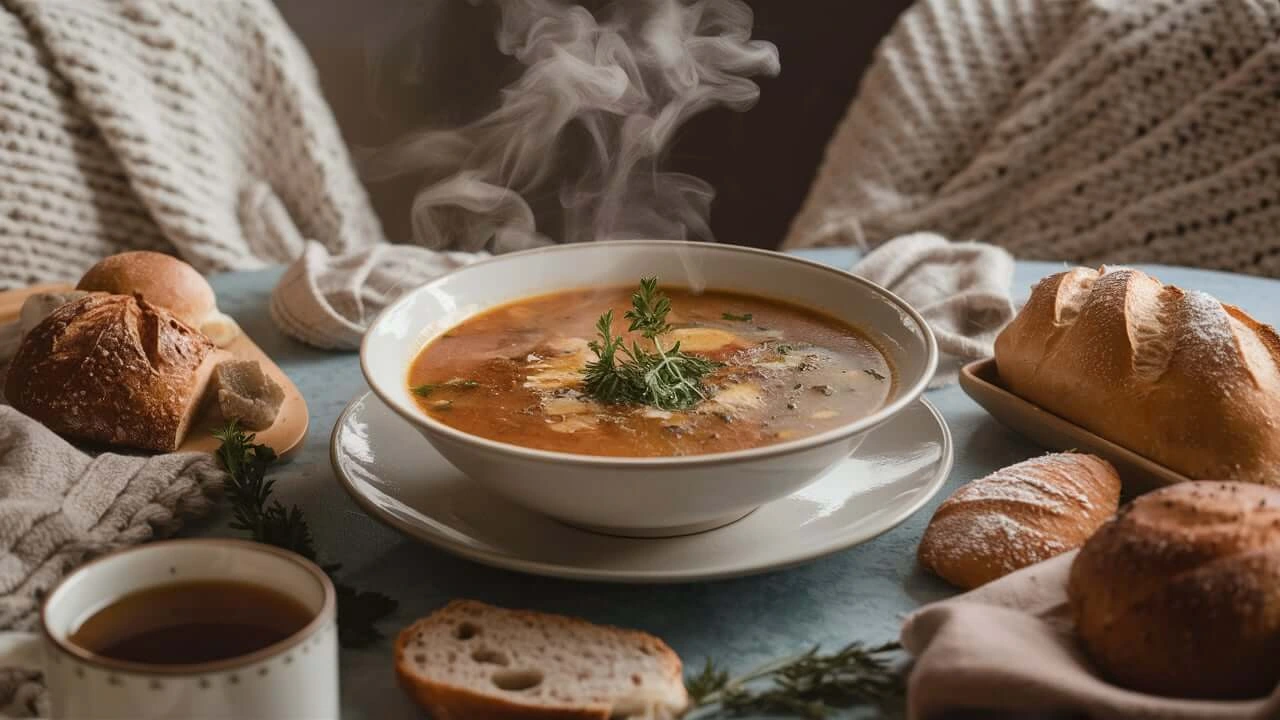 A steaming bowl of vegetable soup garnished with fresh herbs, served alongside crusty bread and a cup of tea on a cozy, textured background.