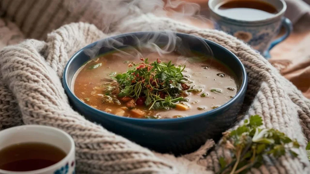 A steaming bowl of hearty soup garnished with fresh herbs, placed on a soft knitted blanket alongside cups of tea.