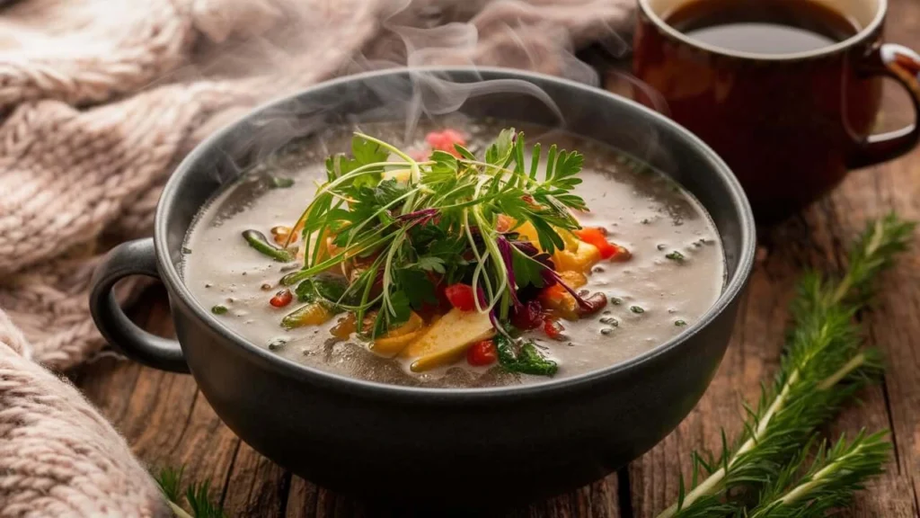 A steaming bowl of hearty vegetable soup garnished with fresh herbs and microgreens, served in a black ceramic bowl on a rustic wooden table.