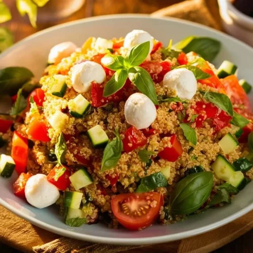 A vibrant plate of Italian quinoa salad with diced tomatoes, cucumbers, red bell peppers, fresh basil, and optional mozzarella balls, served on a wooden table with balsamic dressing and olives.