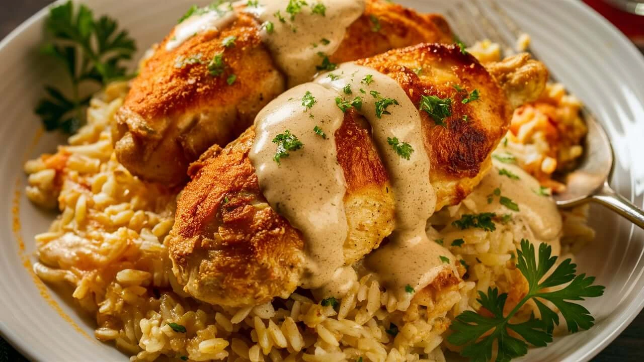 Creamy Parmesan Chicken and Rice - A Delicious Comfort Meal.