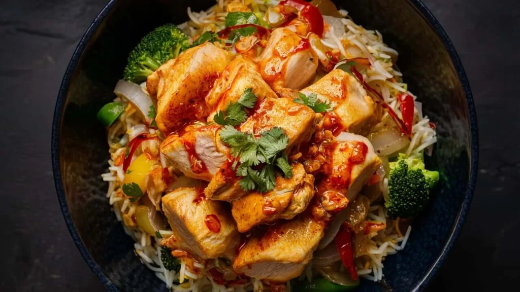 Spicy Garlic Butter Chicken Bowl with Rice and Vegetables