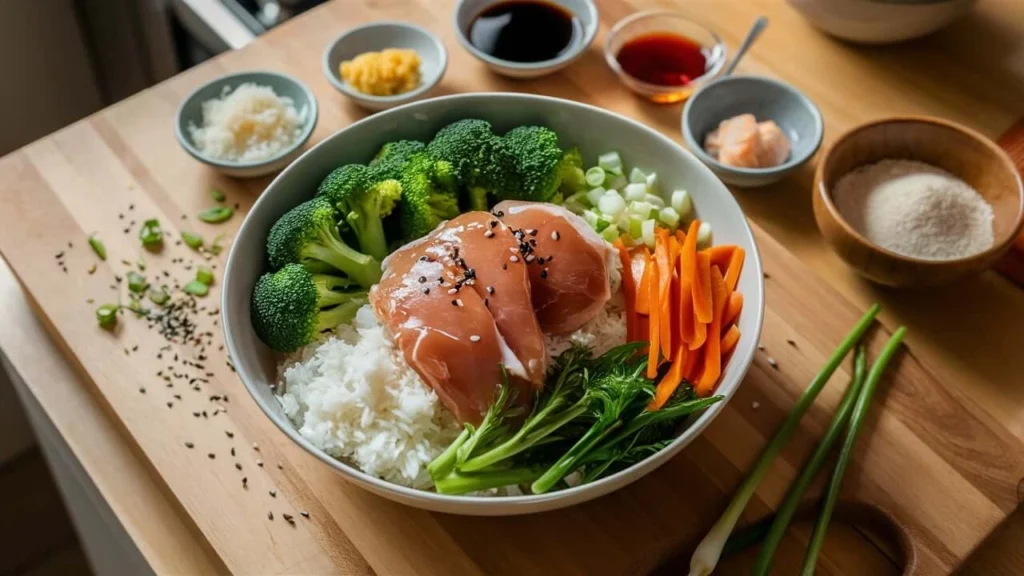 Fresh Ingredients for a Teriyaki Chicken Rice Bowl