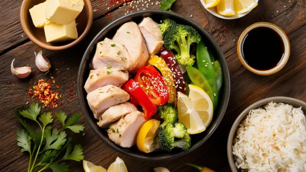 Fresh Ingredients for a Spicy Garlic Butter Chicken Bowl