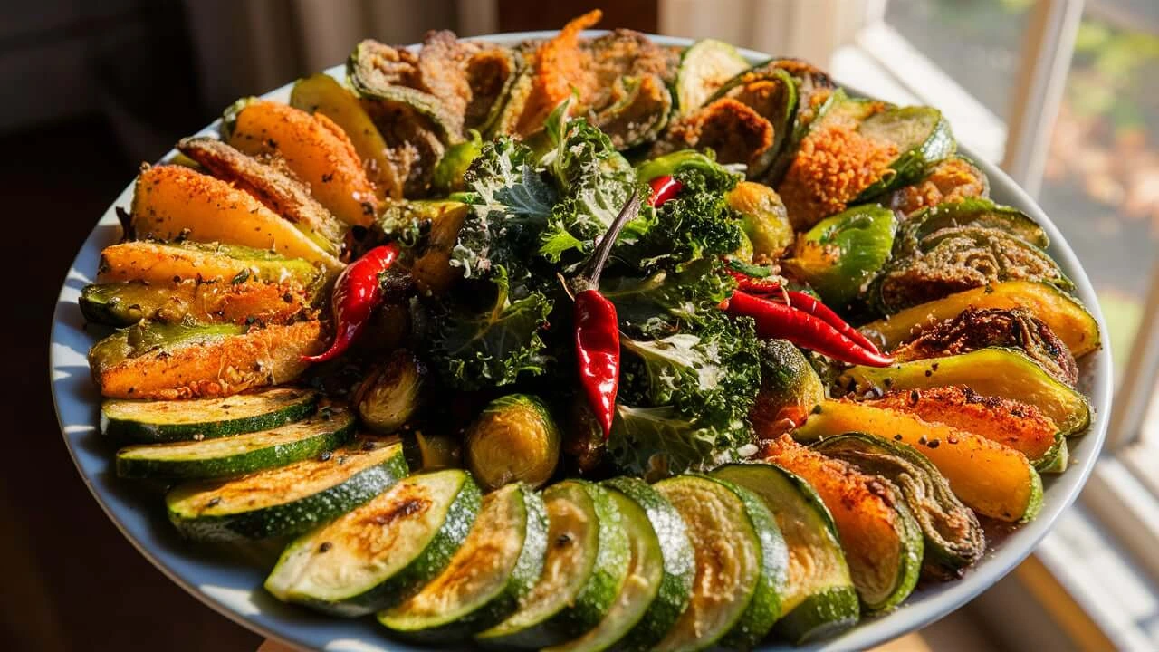 A baking tray with roasted carrots, bell peppers, zucchini, and red onions, garnished with rosemary.