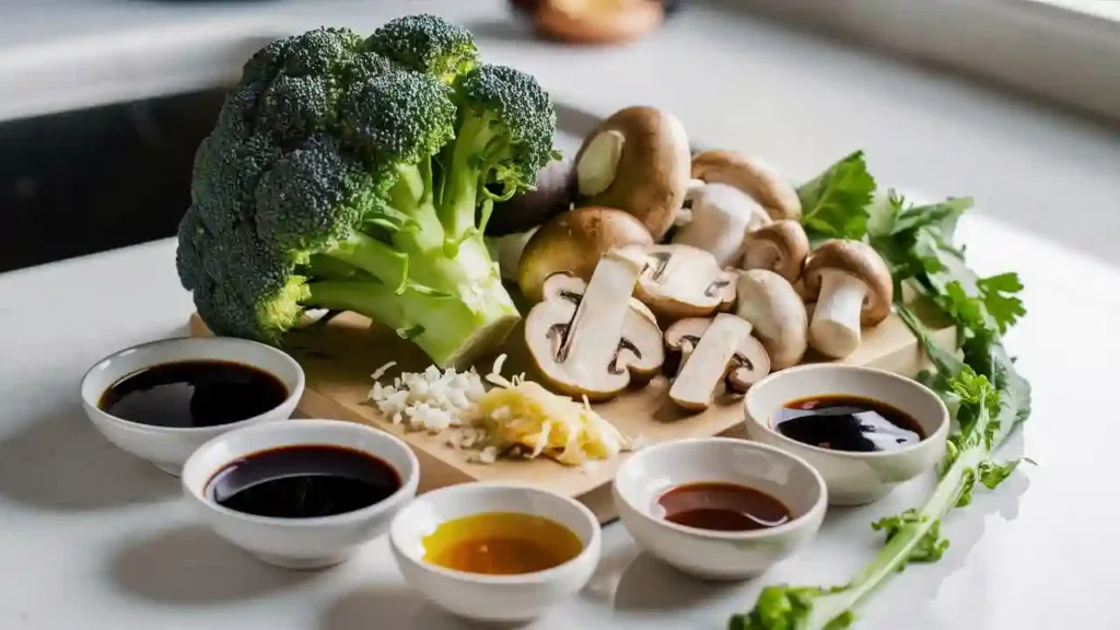 Fresh broccoli florets and sliced mushrooms prepared for stir-frying.