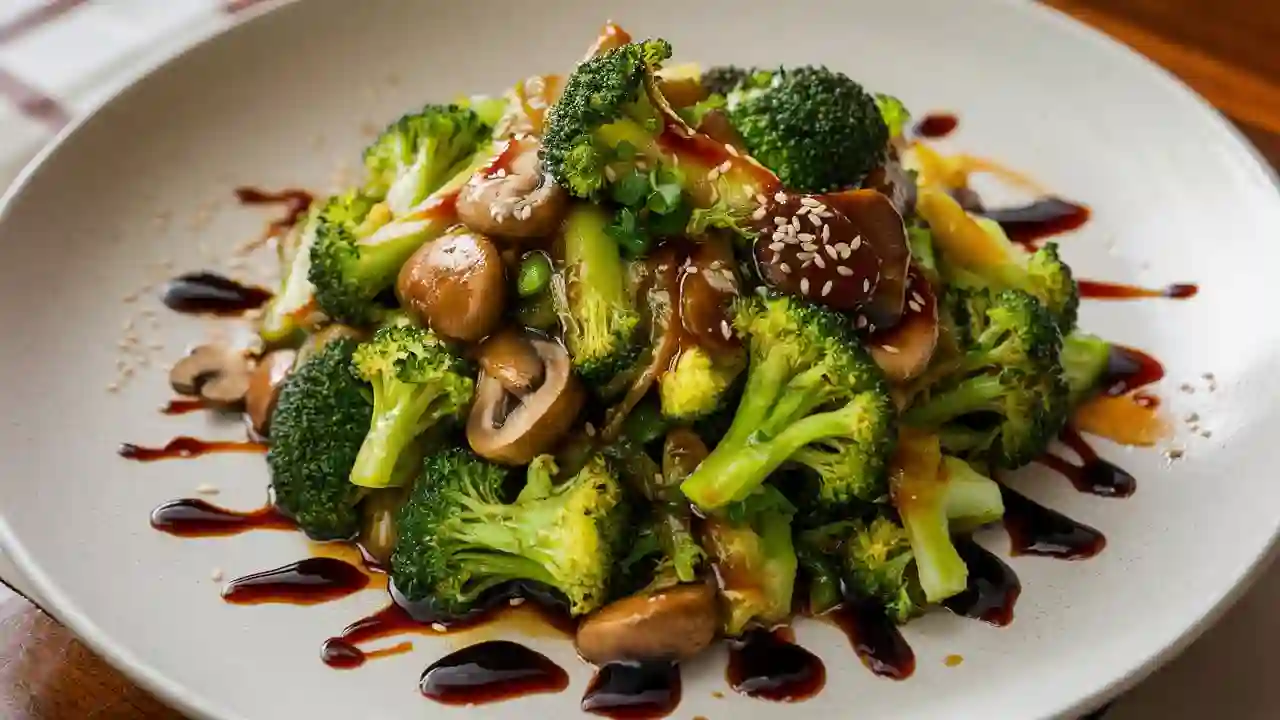 Close-up of a vibrant broccoli and mushroom stir-fry garnished with sesame seeds.