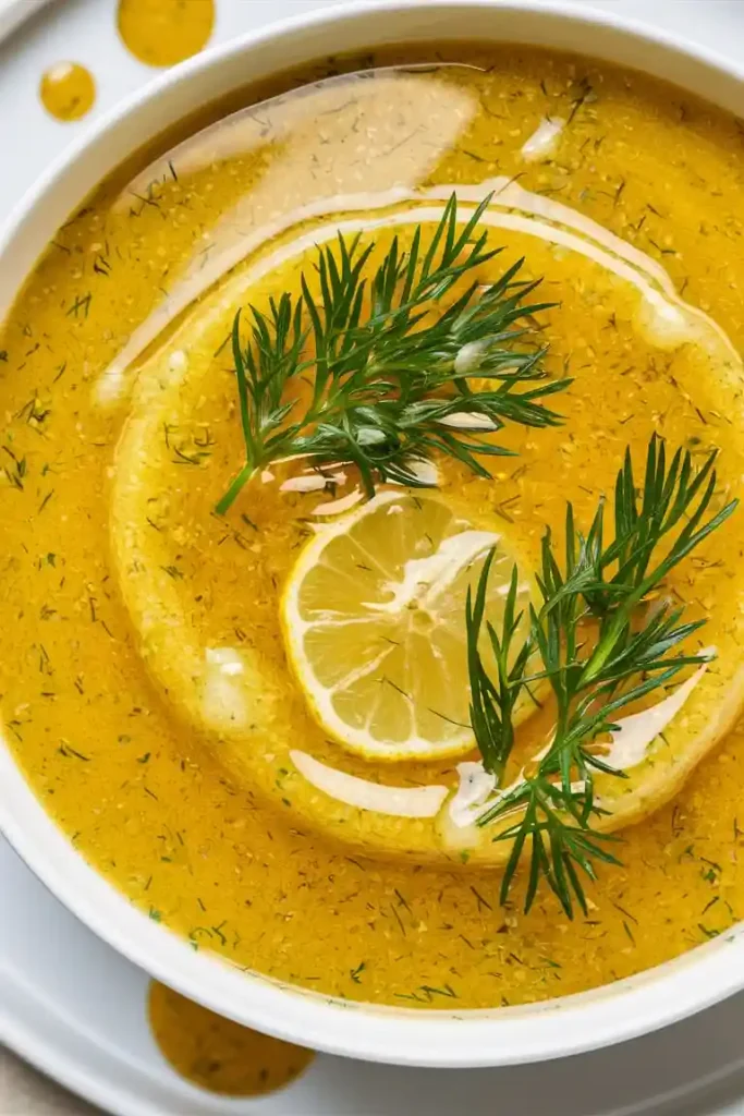 Classic lemon-dill vinaigrette in a glass jar with fresh dill and lemon slices.