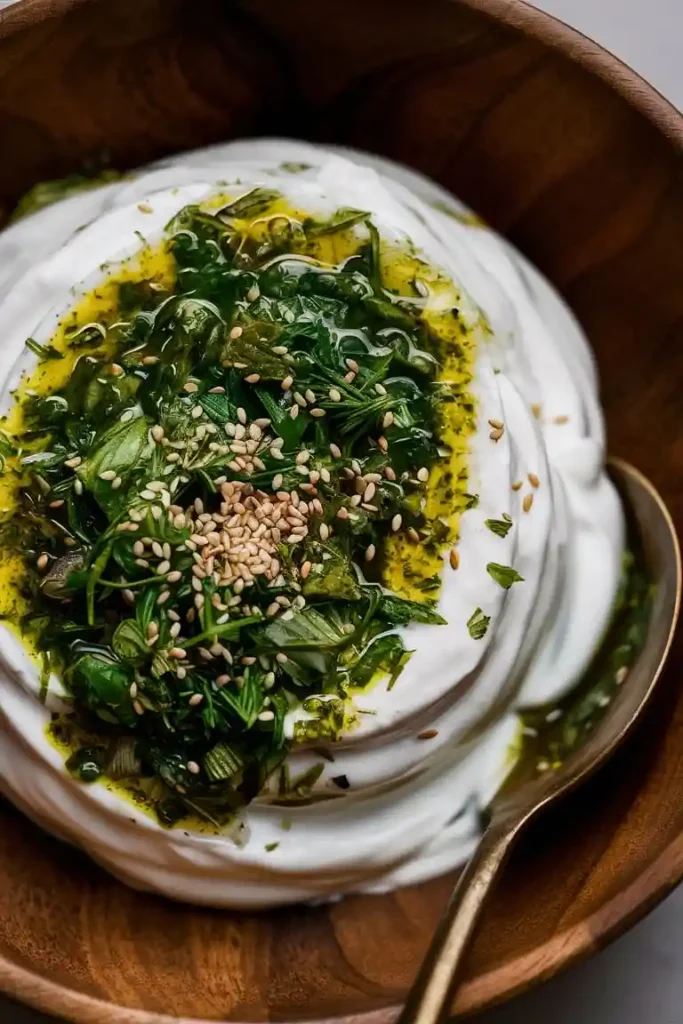 Creamy Greek yogurt and herb dressing in a small bowl, garnished with fresh herbs.