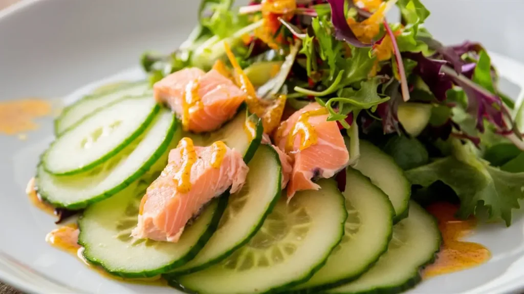 A vibrant cucumber salmon salad with fresh cucumber slices, tender salmon pieces.