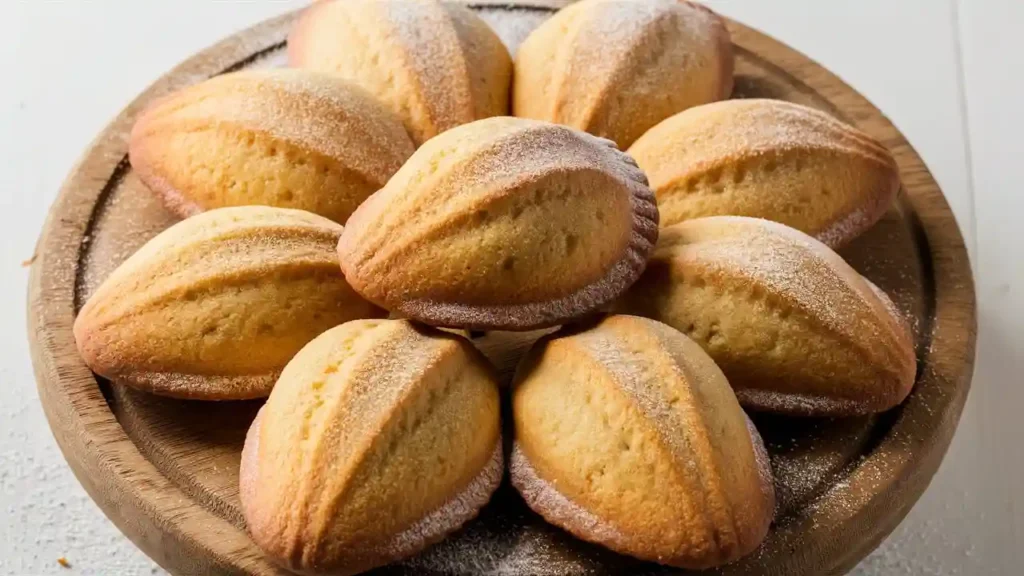  Freshly baked Madeleine cookies with a golden, buttery texture and signature shell shape.