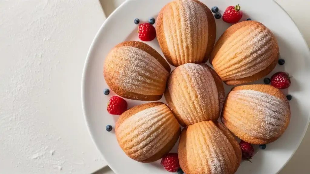 A plate of freshly baked golden-brown madeleine cookies dusted with powdered sugar, garnished with fresh raspberries, strawberries, and blueberries.