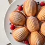 A plate of freshly baked golden-brown madeleine cookies dusted with powdered sugar, garnished with fresh raspberries, strawberries, and blueberries.