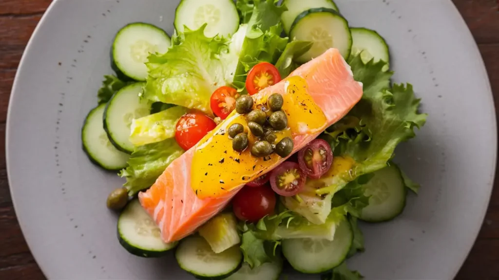 Fresh cucumber salmon salad with cherry tomatoes, red onions, and dill.